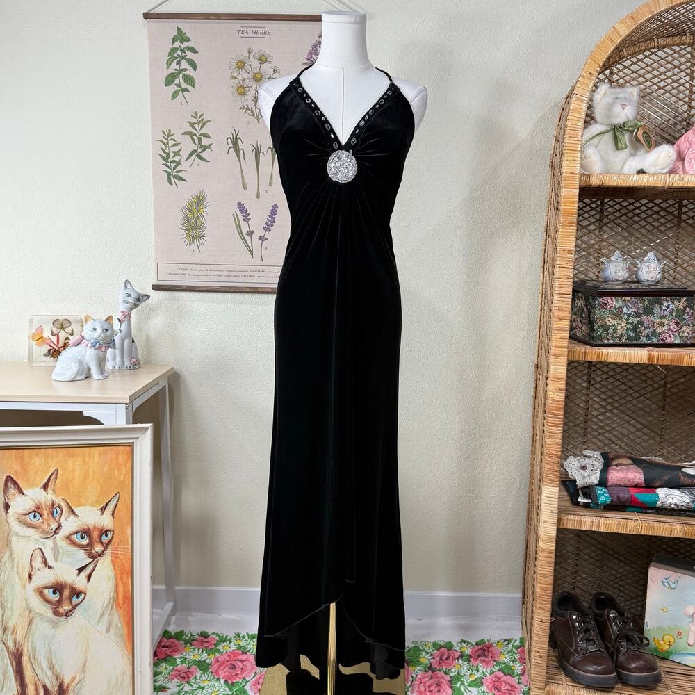 90s Y2k Velvet Beaded Halter Formal Dress Whimsigoth Witchy Romantic Goth S M